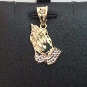10k Real Gold 2 Tone Praying Hands CZ pendant charm 1.5gr